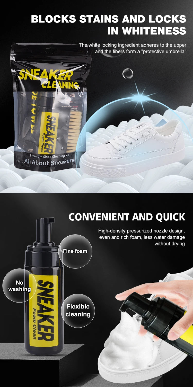 Kit Nettoyant Chaussures Sans Rinçage (150 ml) avec Brosse & Chiffon Microfibre